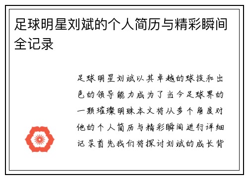 足球明星刘斌的个人简历与精彩瞬间全记录